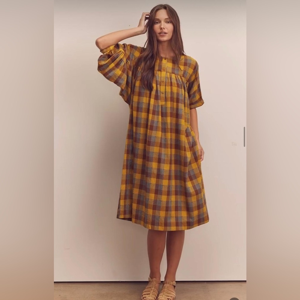 Yellow & Brown Plaid Button-Front Dress